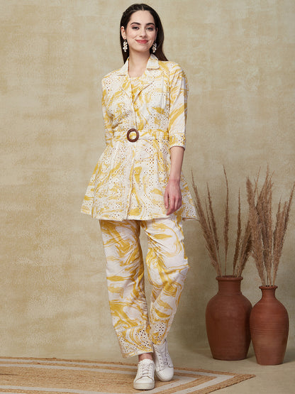 Abstract Printed & Schiffli Embroidered Top and Palazzo with Jacket - Yellow