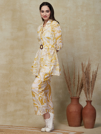 Abstract Printed & Schiffli Embroidered Top and Palazzo with Jacket - Yellow