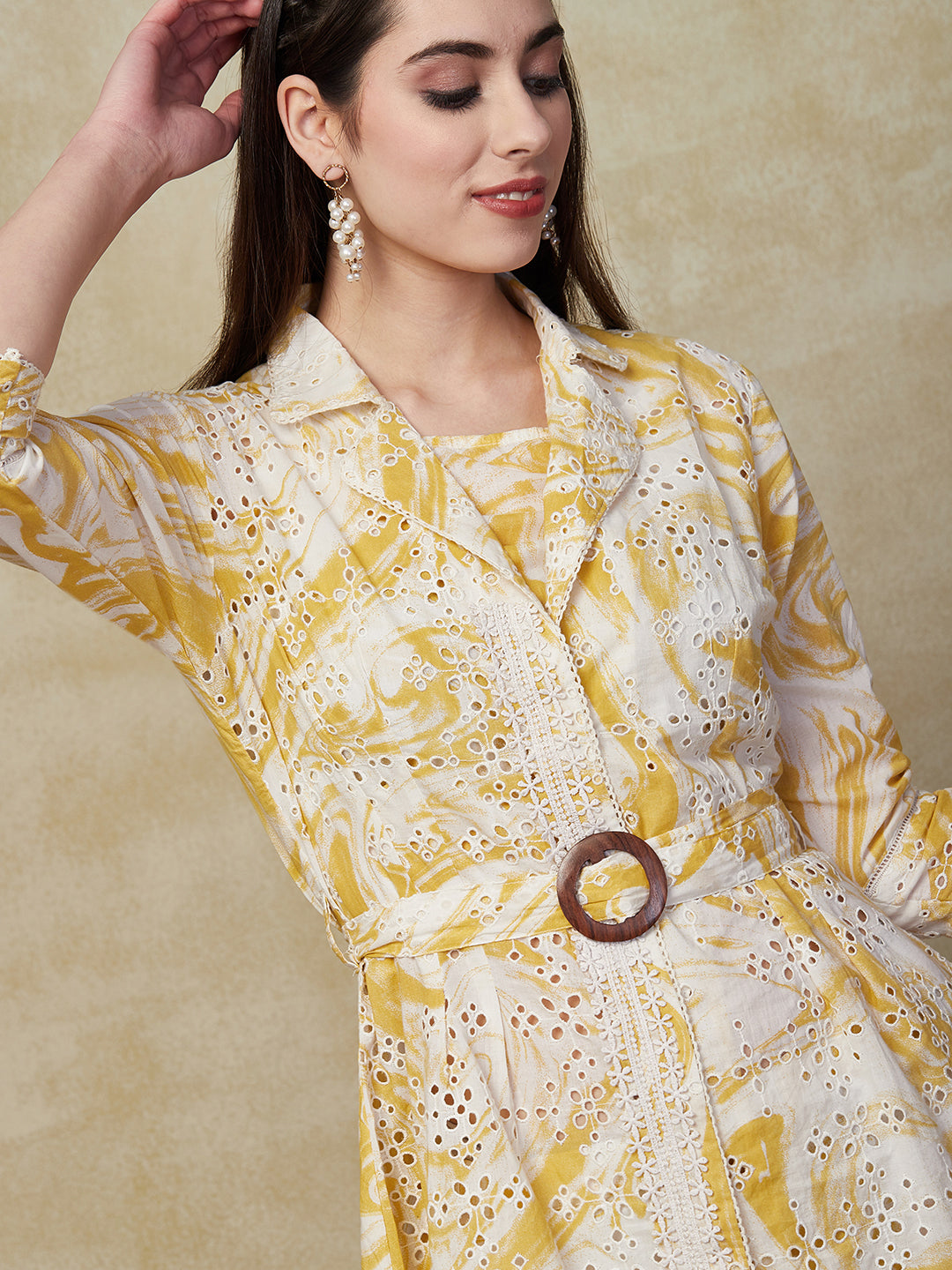 Abstract Printed & Schiffli Embroidered Top and Palazzo with Jacket - Yellow