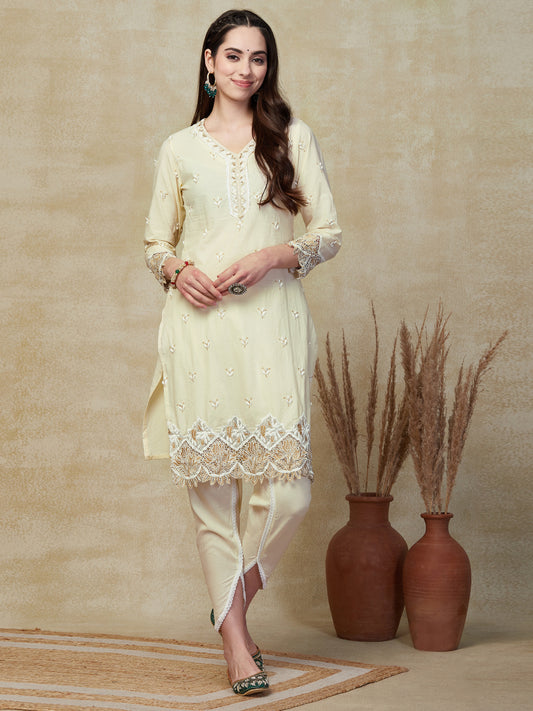 Solid Floral Embroidered Straight Fit Kurta with Dhoti Pant - Cream