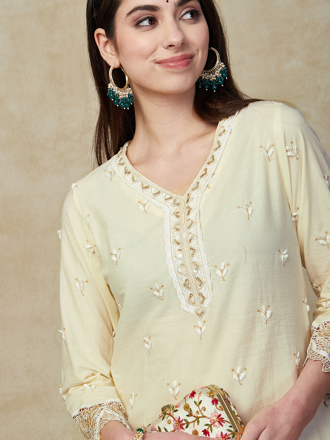 Solid Floral Embroidered Straight Fit Kurta with Dhoti Pant - Cream