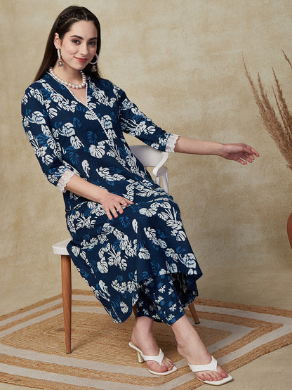 Abstract Floral Printed Overlapped A-Line Kurta with Pant - Blue