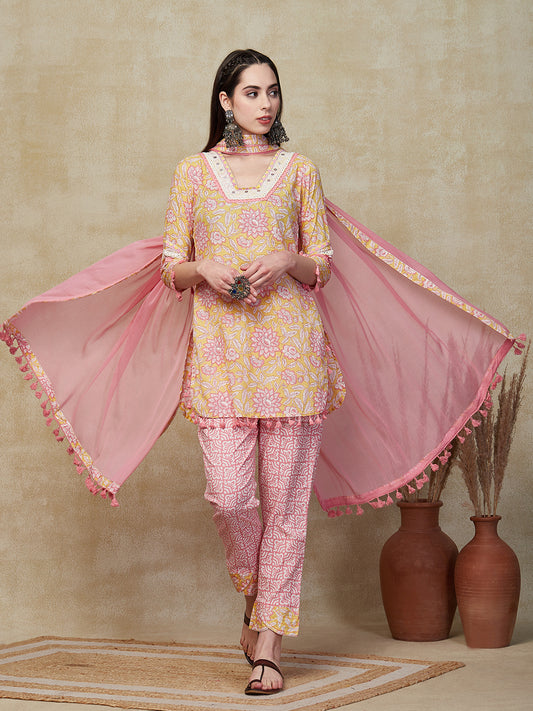 Ethnic Printed & Embroidered Straight Fit Kurta with Pant & Dupatta - Yellow