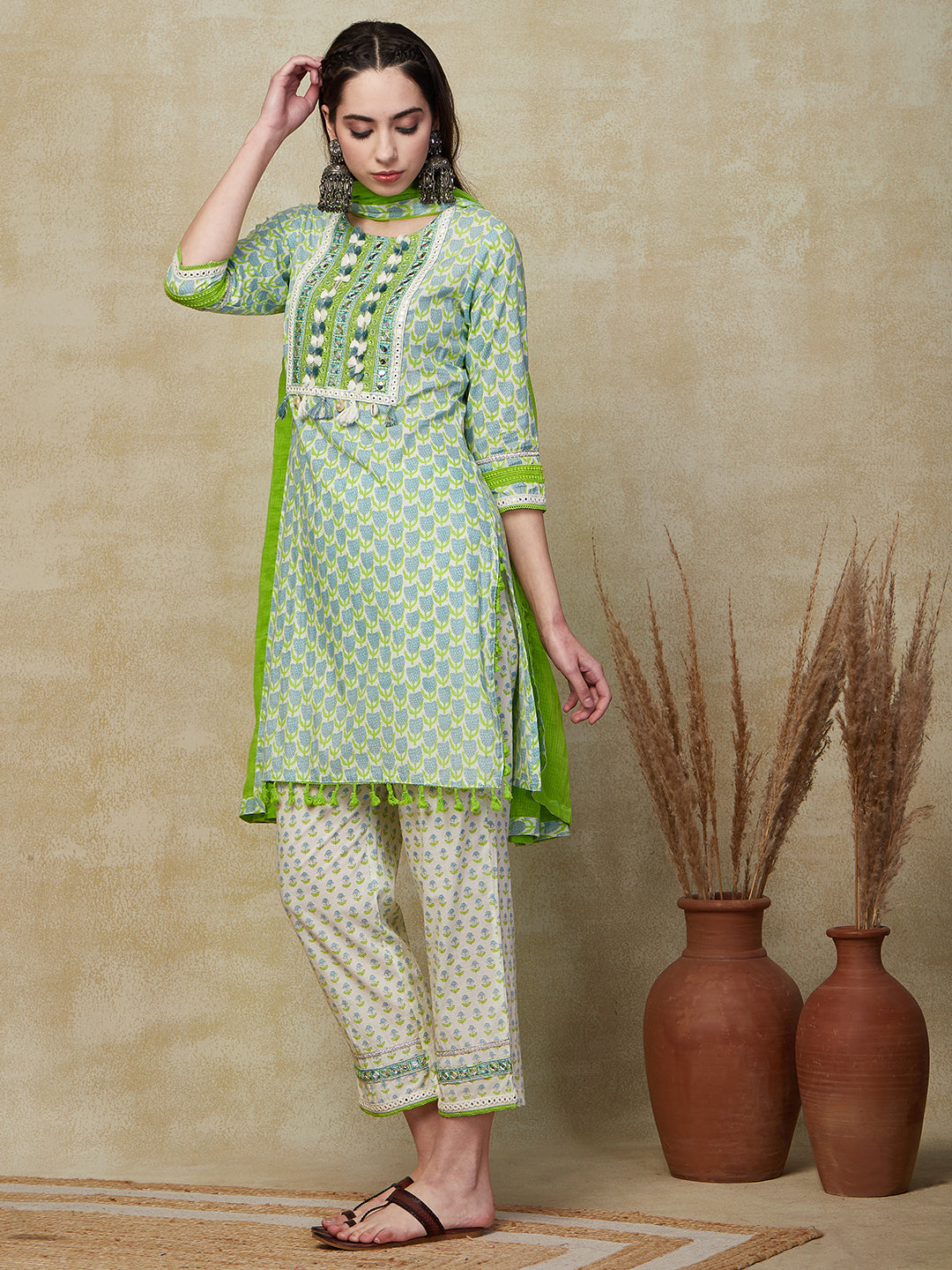 Ethnic Printed & Embroidered Straight Fit Kurta with Pant & Dupatta - Green