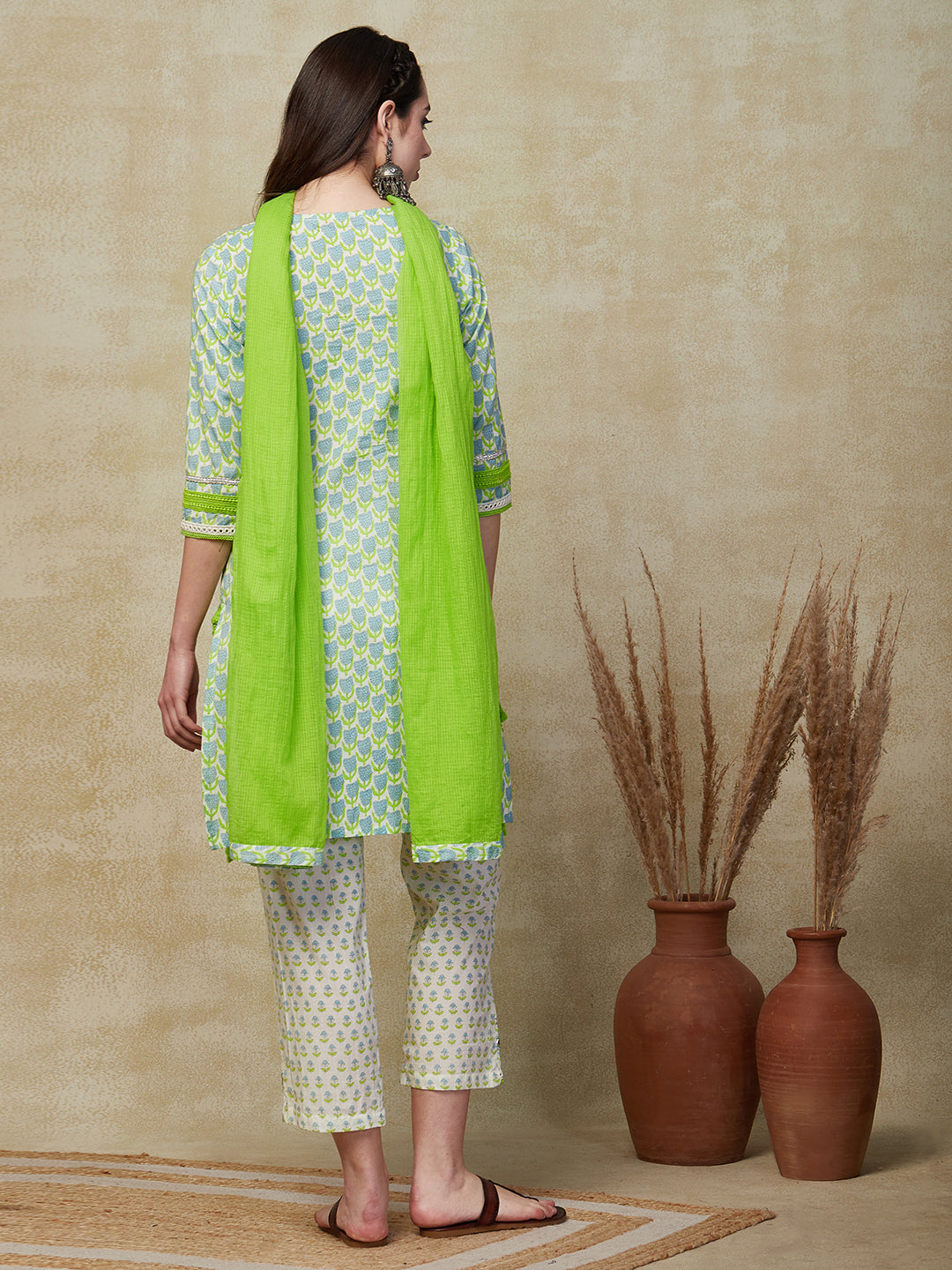 Ethnic Printed & Embroidered Straight Fit Kurta with Pant & Dupatta - Green