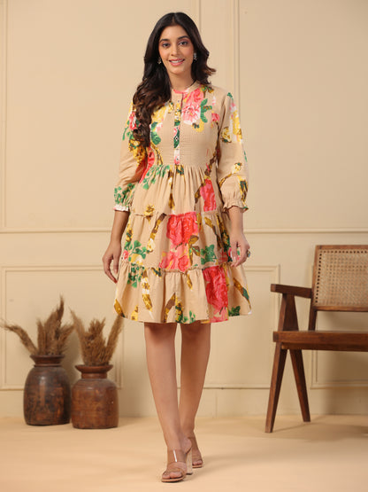 Floral Printed Mirror & Beads Embroidered Tiered Dress - Cream