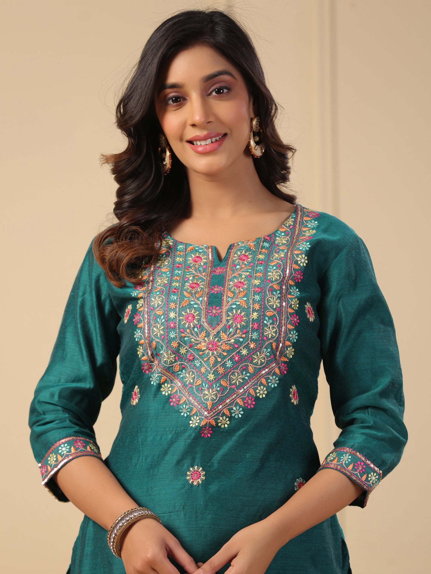 Floral Ethnic Embroidered Straight Fit Kurta with Pant - Green