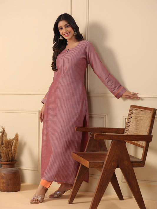 Solid Pin Tucked Straight Fit Kurta with Pant - Mauve