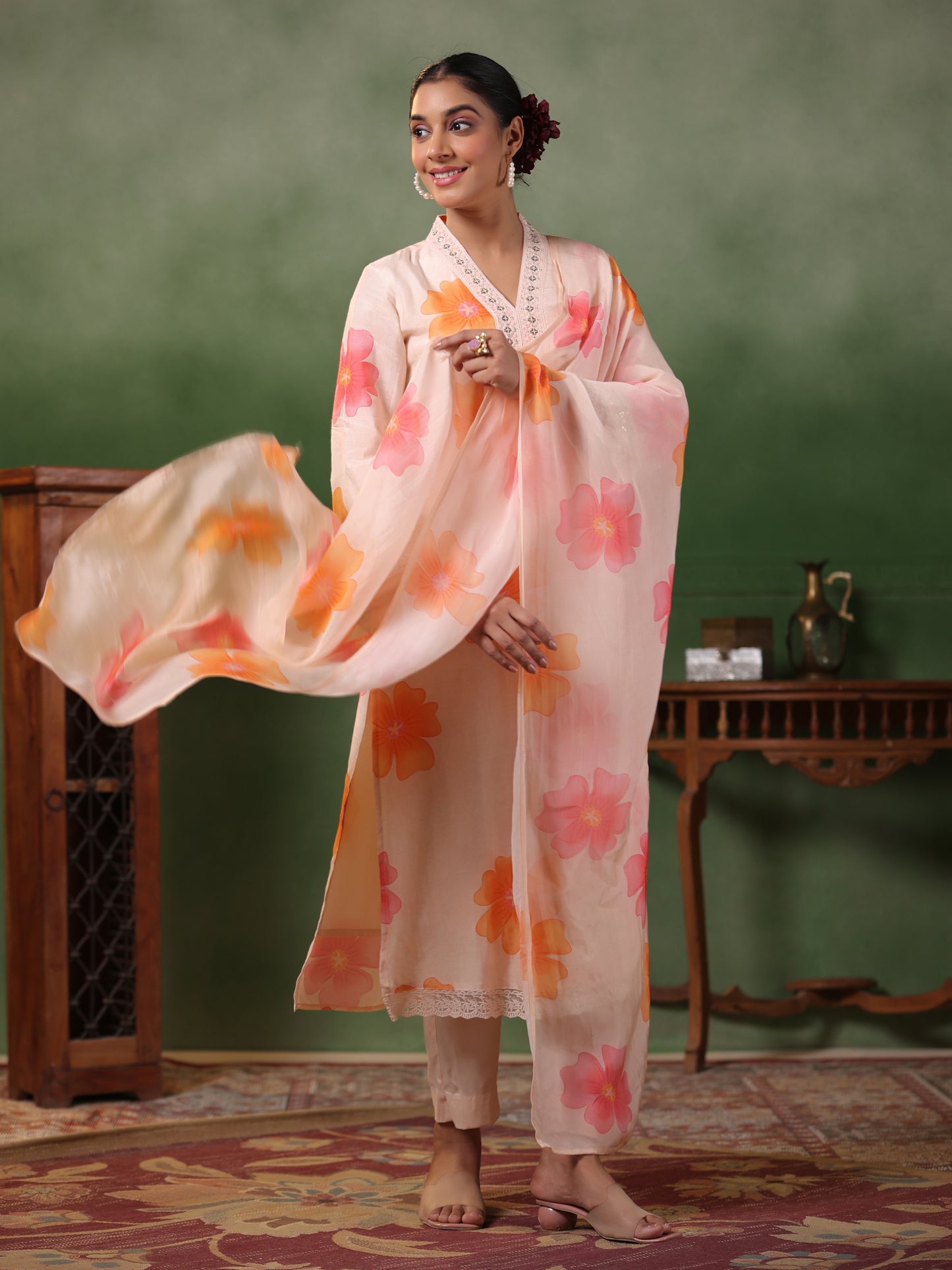 Floral Printed Sequins & Resham Embroidered Lace Work Kurta with Pants & Dupatta - Light Peach