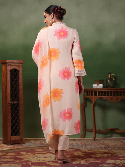 Floral Printed Sequins & Resham Embroidered Lace Work Kurta with Pants & Dupatta - Light Peach