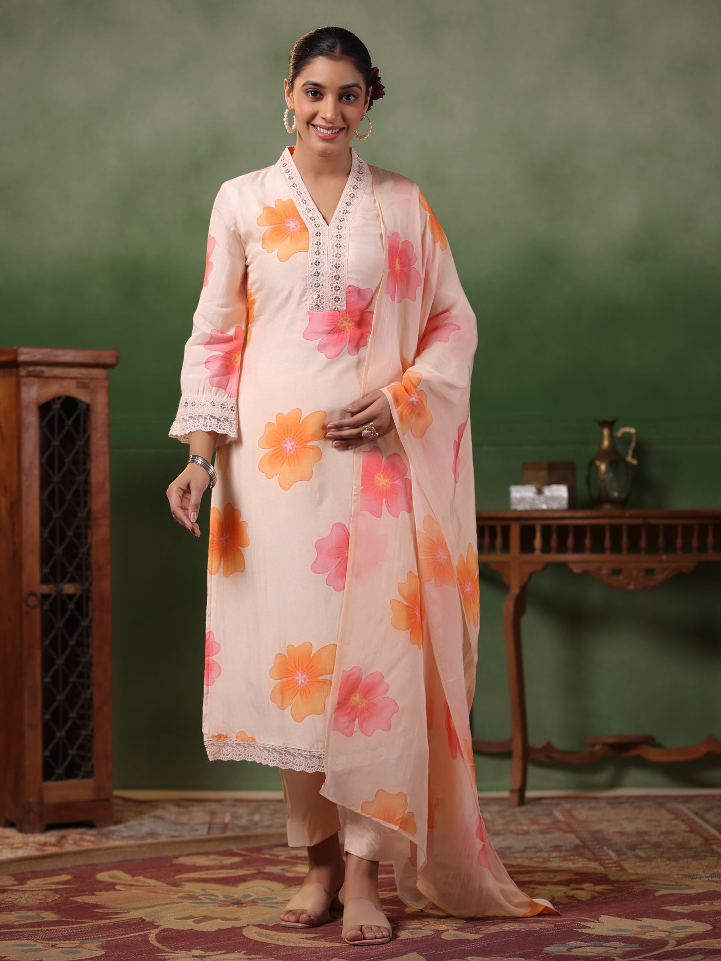 Floral Printed Sequins & Resham Embroidered Lace Work Kurta with Pants & Dupatta - Light Peach