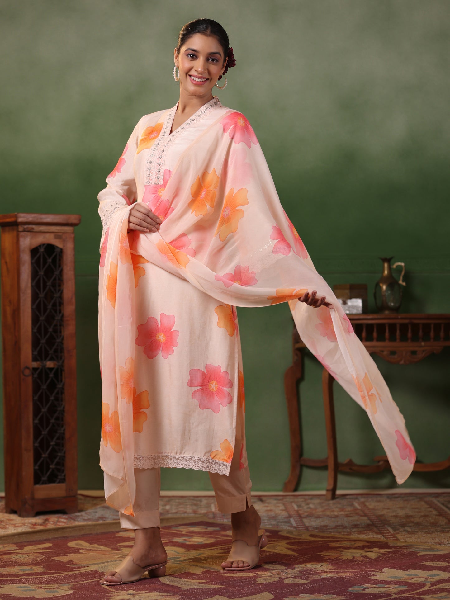 Floral Printed Sequins & Resham Embroidered Lace Work Kurta with Pants & Dupatta - Light Peach