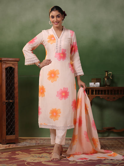 Floral Printed Sequins & Resham Embroidered Lace Work Kurta with Pants & Dupatta - Light Peach