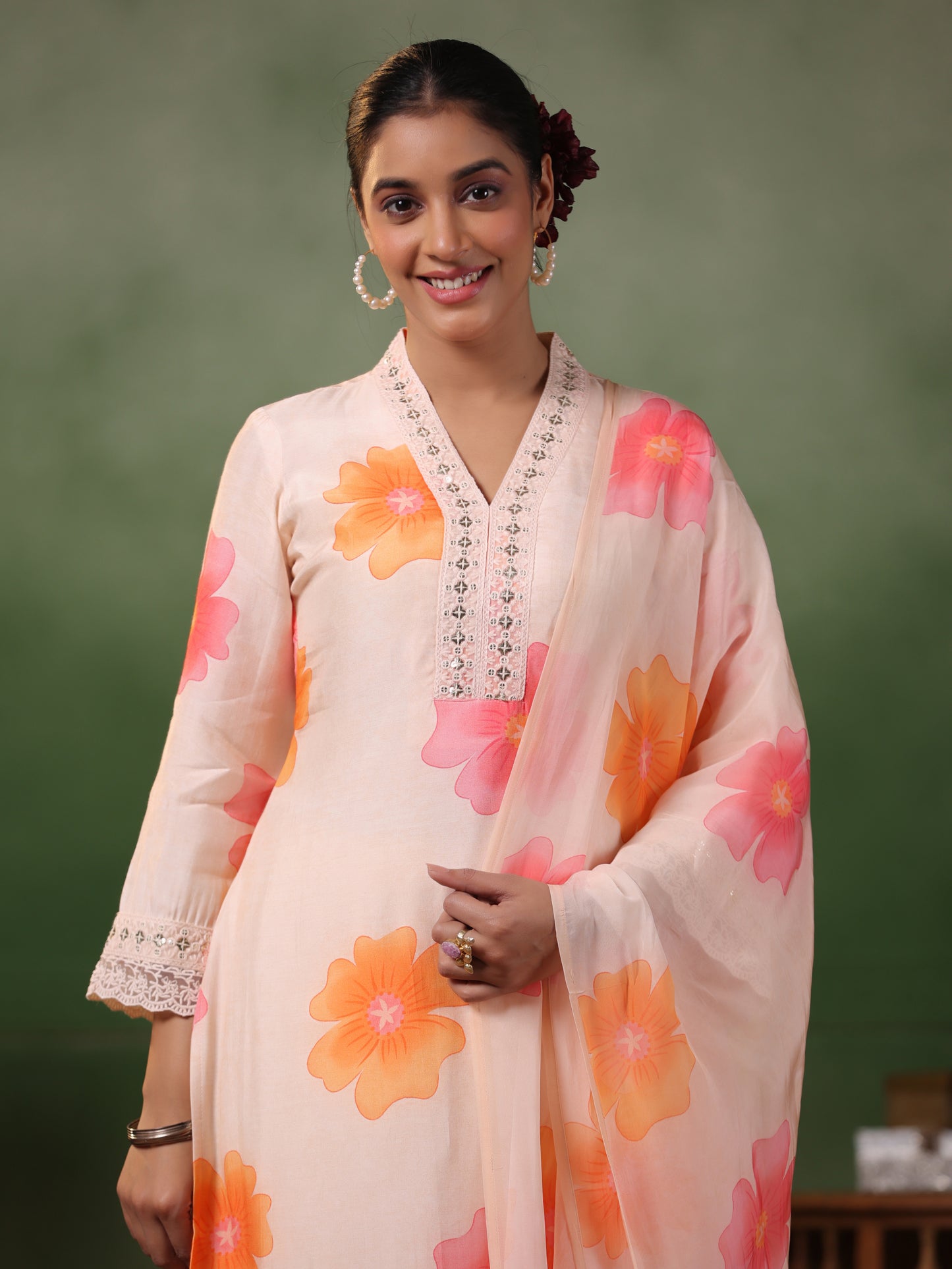 Floral Printed Sequins & Resham Embroidered Lace Work Kurta with Pants & Dupatta - Light Peach