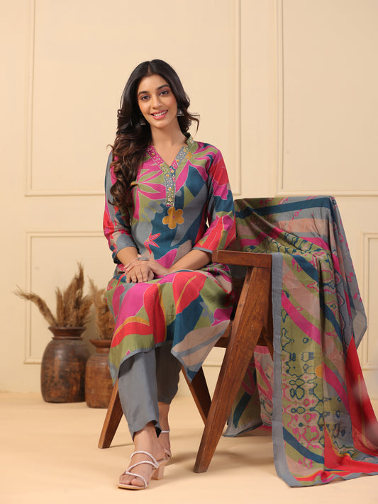 Floral & Abstract Printed Sequins & Resham Embroidered Kurta with Pants & Dupatta - Multi