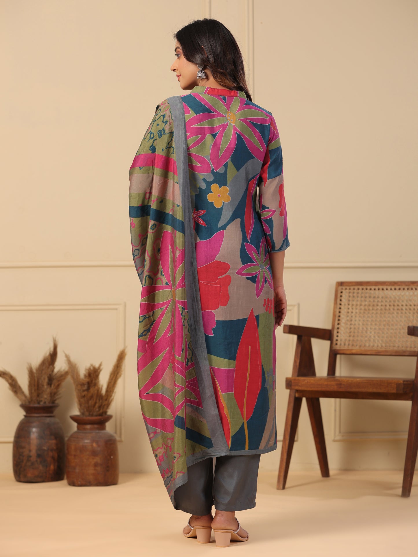 Floral & Abstract Printed Sequins & Resham Embroidered Kurta with Pants & Dupatta - Multi