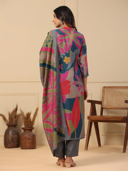Floral & Abstract Printed Sequins & Resham Embroidered Kurta with Pants & Dupatta - Multi