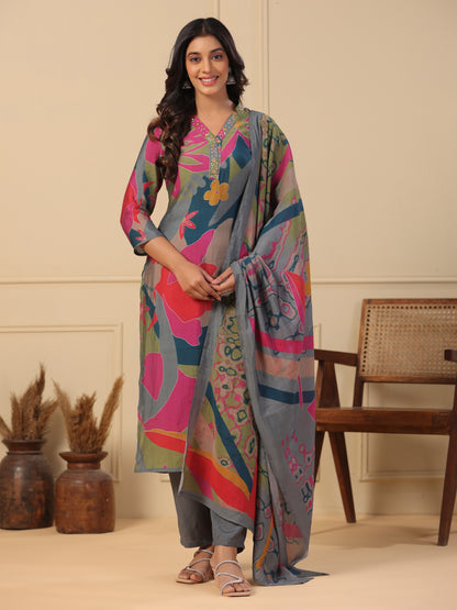 Floral & Abstract Printed Sequins & Resham Embroidered Kurta with Pants & Dupatta - Multi