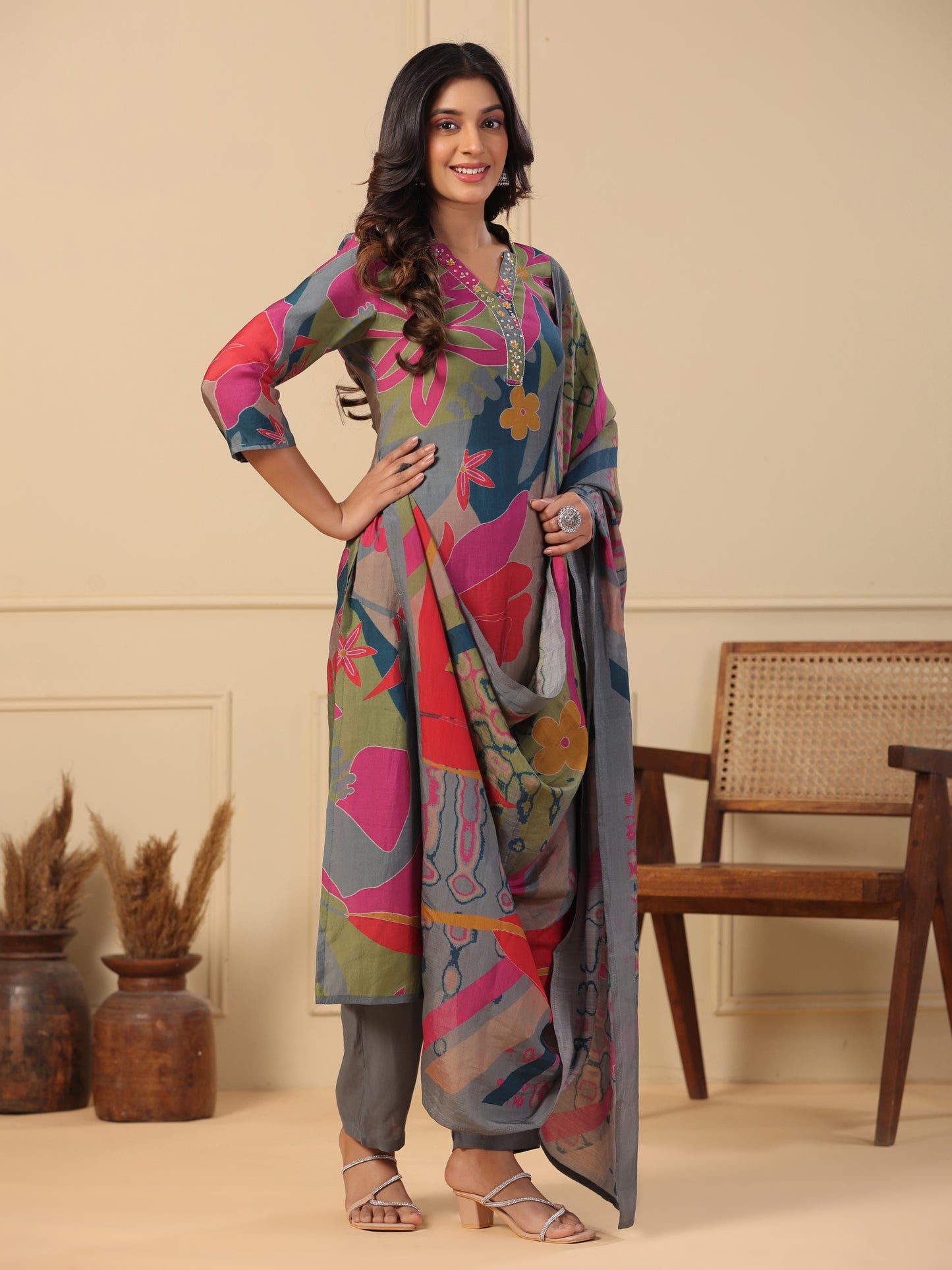 Floral & Abstract Printed Sequins & Resham Embroidered Kurta with Pants & Dupatta - Multi