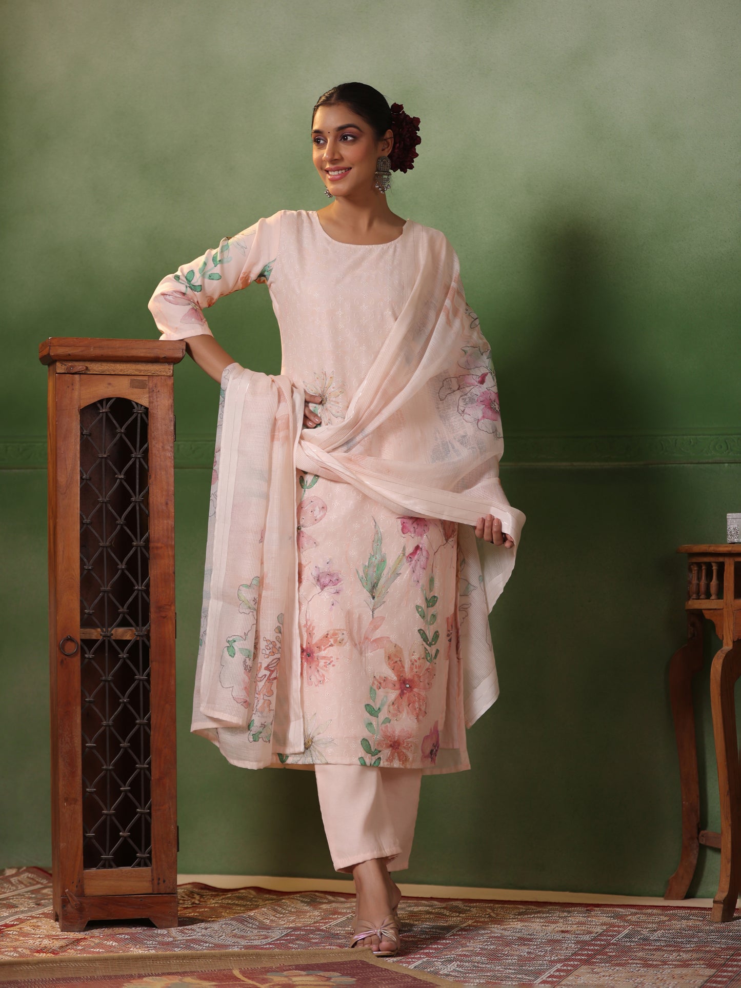 Schiffli Embroidered & Floral Printed Straight Kurta with Pant & Dupatta - Cream