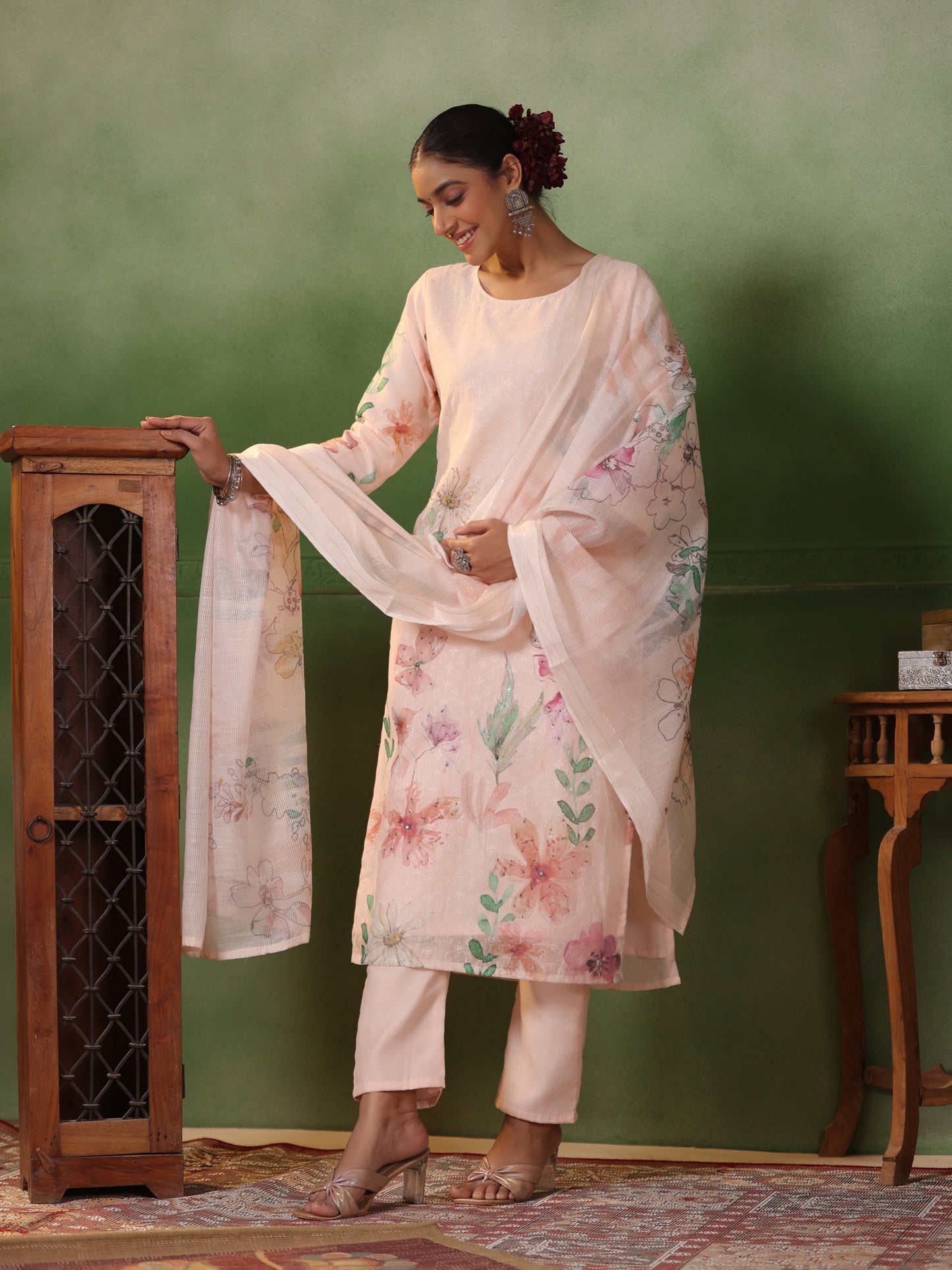 Schiffli Embroidered & Floral Printed Straight Kurta with Pant & Dupatta - Cream