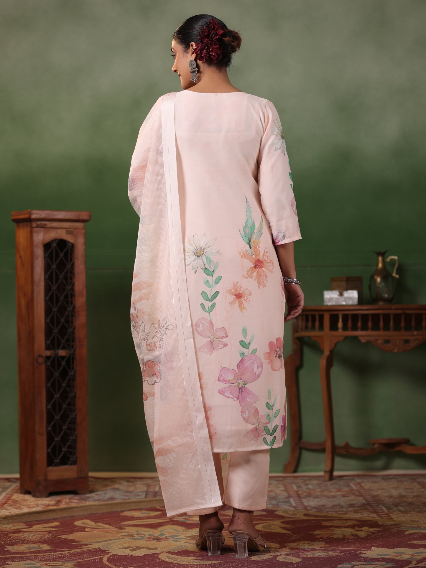 Schiffli Embroidered & Floral Printed Straight Kurta with Pant & Dupatta - Cream