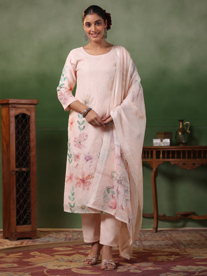 Schiffli Embroidered & Floral Printed Straight Kurta with Pant & Dupatta - Cream