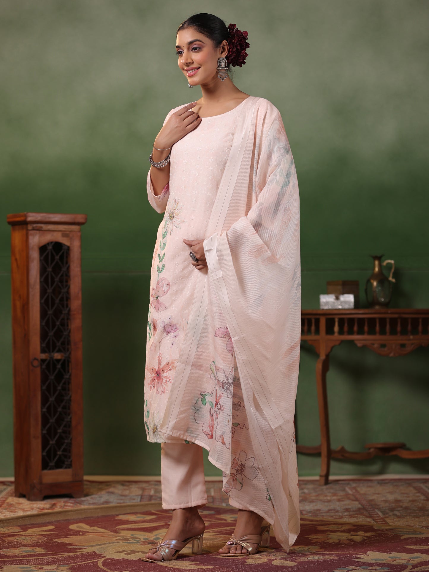 Schiffli Embroidered & Floral Printed Straight Kurta with Pant & Dupatta - Cream