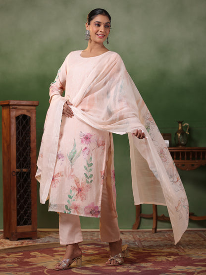 Schiffli Embroidered & Floral Printed Straight Kurta with Pant & Dupatta - Cream