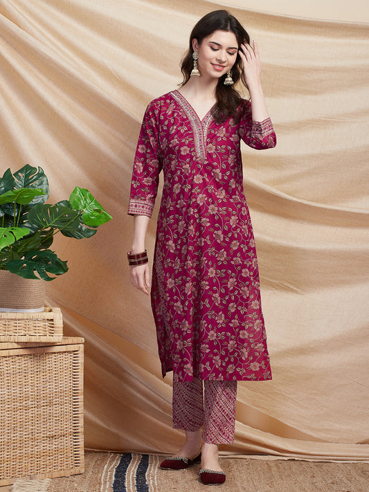 Ethnic Floral Printed & Embroidered A-Line Kurta with Pant - Magenta
