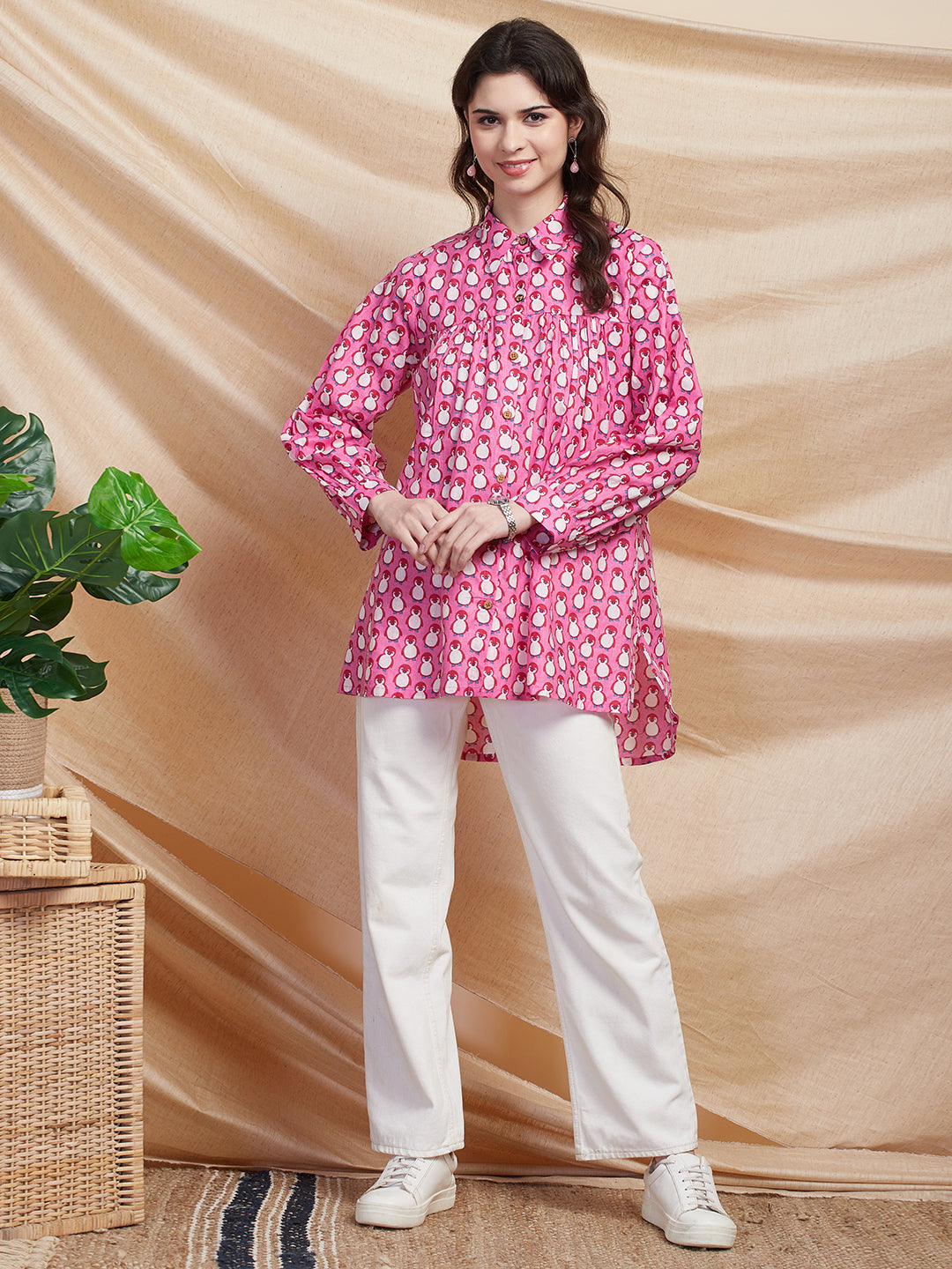 Quirky Penguin Printed Gathered A-Line High - Low Shirt - Pink