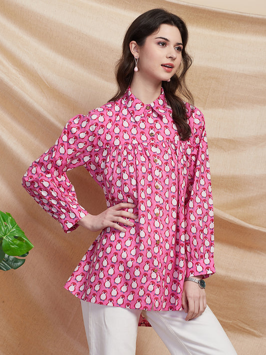 Quirky Penguin Printed Gathered A-Line High - Low Shirt - Pink