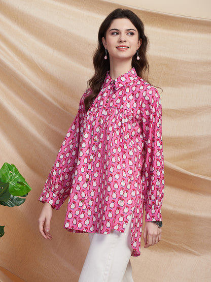 Quirky Penguin Printed Gathered A-Line High - Low Shirt - Pink