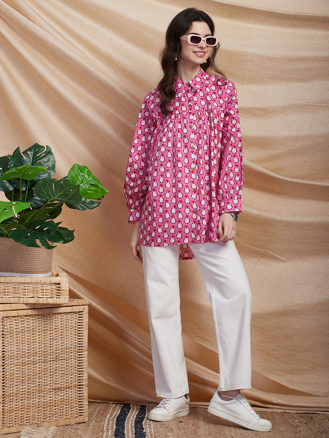 Quirky Penguin Printed Gathered A-Line High - Low Shirt - Pink