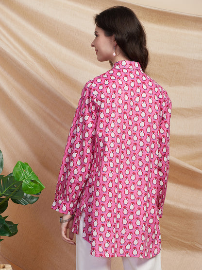 Quirky Penguin Printed Gathered A-Line High - Low Shirt - Pink