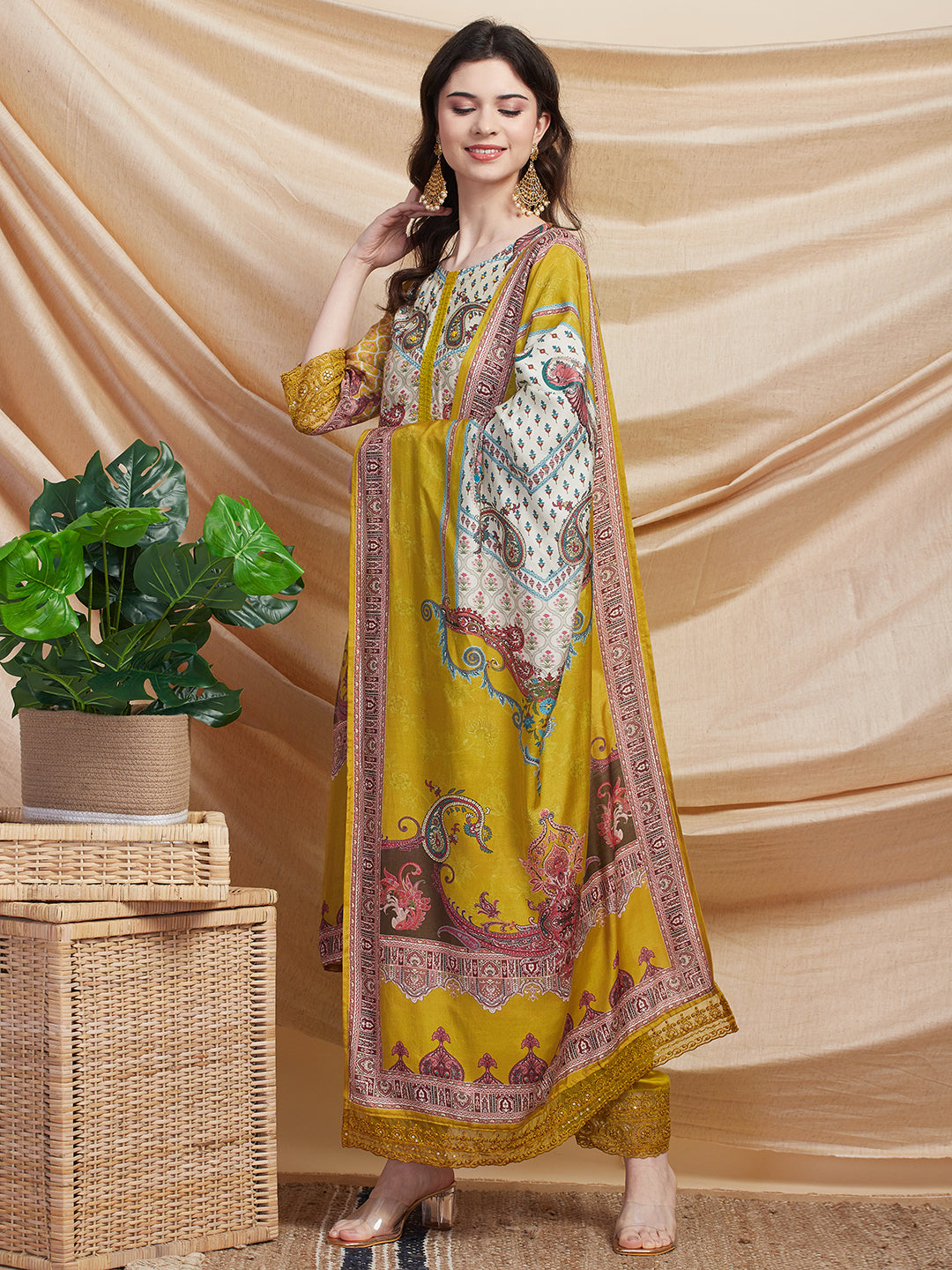 Ethnic Printed Straight Fit Kurta with Pant & Printed Dupatta - Mustard