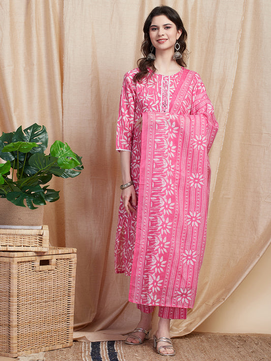 Abstract Printed Mirror & Resham Embroidered Kurta with Pants & Dupatta - Pink