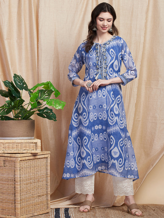 Ethnic Printed & Floral Hand Embroidered A-Line High - Low Kurta - Blue