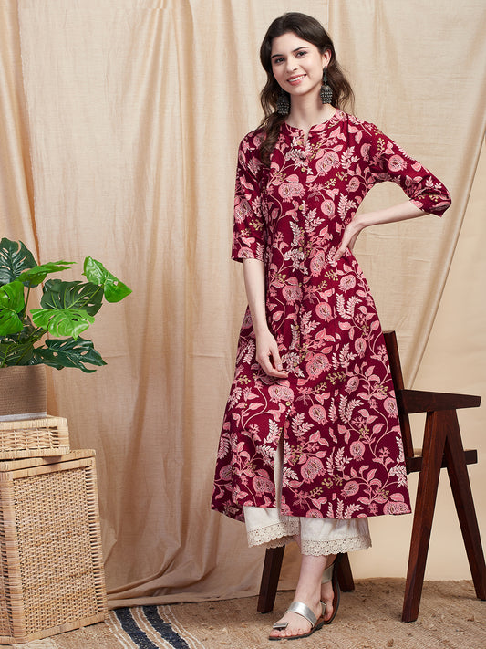 Floral Foil Printed Wooden Buttoned A-line Kurta - Maroon