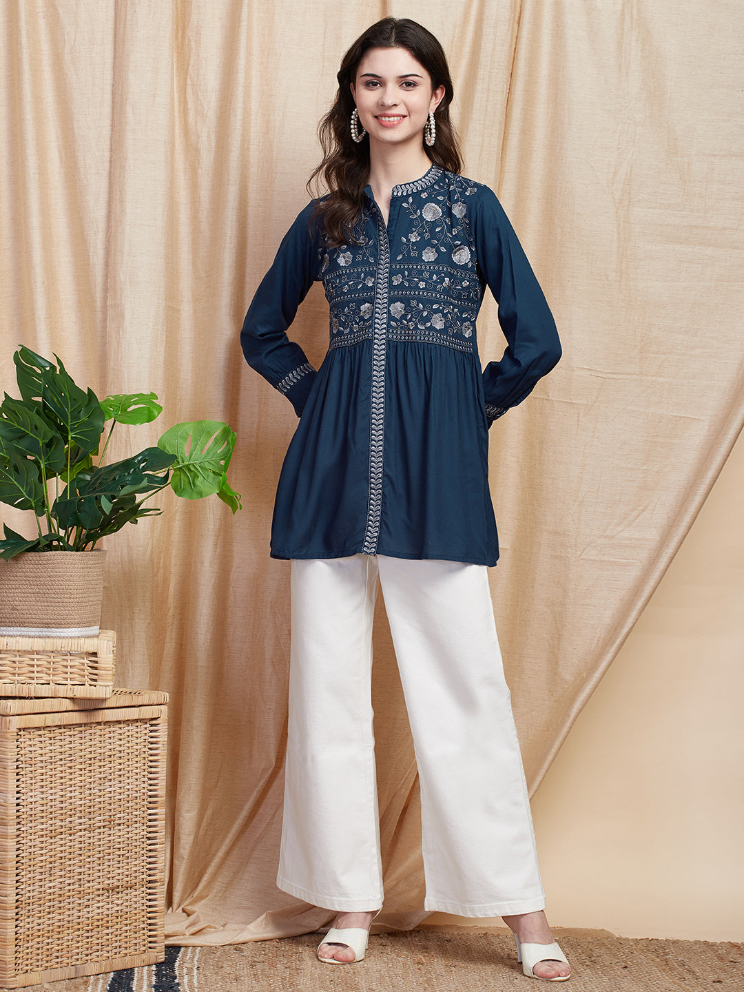 Solid Resham Embroidered Pleated A-line Kurti - Blue