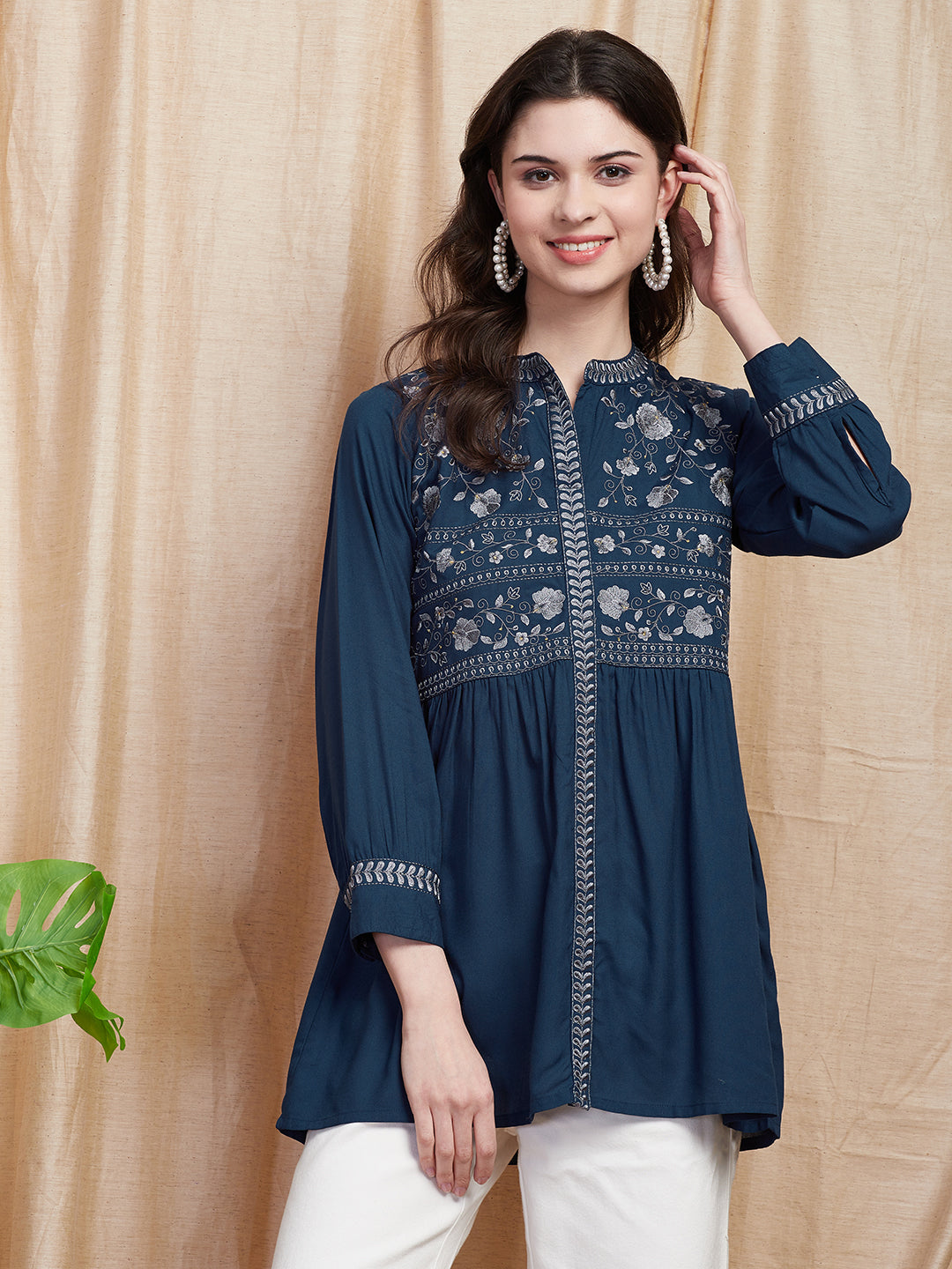 Solid Resham Embroidered Pleated A-line Kurti - Blue