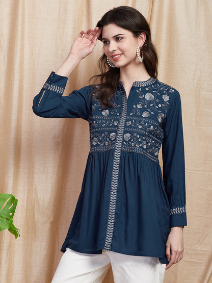 Solid Resham Embroidered Pleated A-line Kurti - Blue