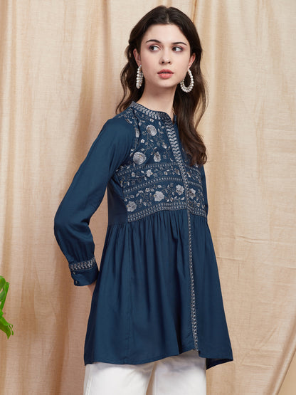 Solid Resham Embroidered Pleated A-line Kurti - Blue