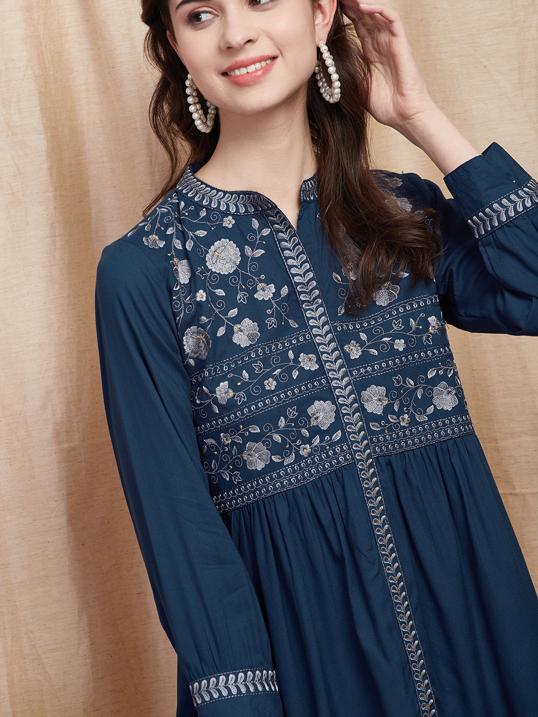 Solid Resham Embroidered Pleated A-line Kurti - Blue