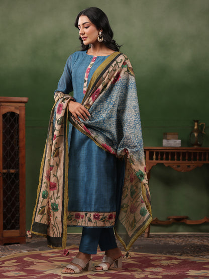 Solid Straight Fit Kurta with Pant & Floral Printed & Embroidered Dupatta - Teal Blue