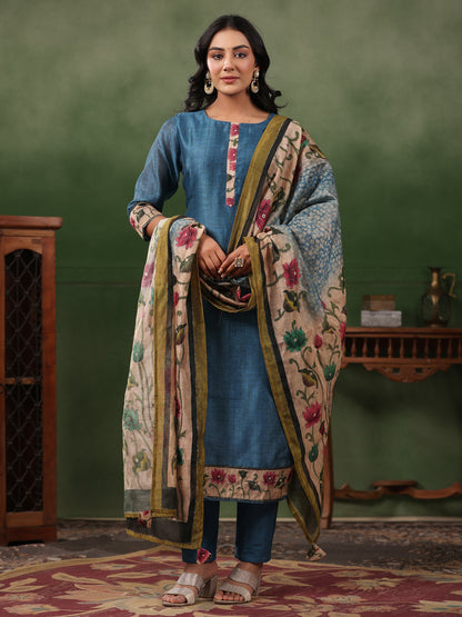 Solid Straight Fit Kurta with Pant & Floral Printed & Embroidered Dupatta - Teal Blue