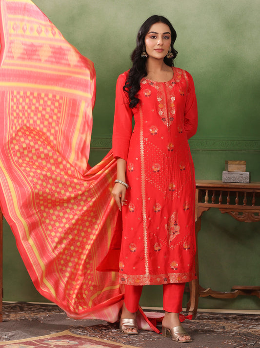 Ethnic Jacquard Straight Fit Kurta with Pant & Printed Dupatta - Coral Red