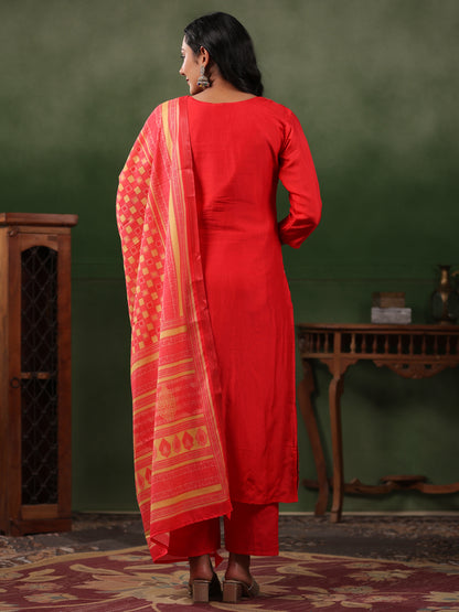 Ethnic Jacquard Straight Fit Kurta with Pant & Printed Dupatta - Coral Red