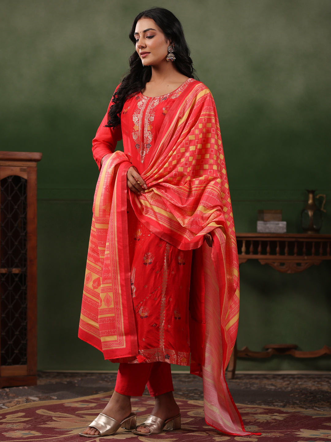 Ethnic Jacquard Straight Fit Kurta with Pant & Printed Dupatta - Coral Red