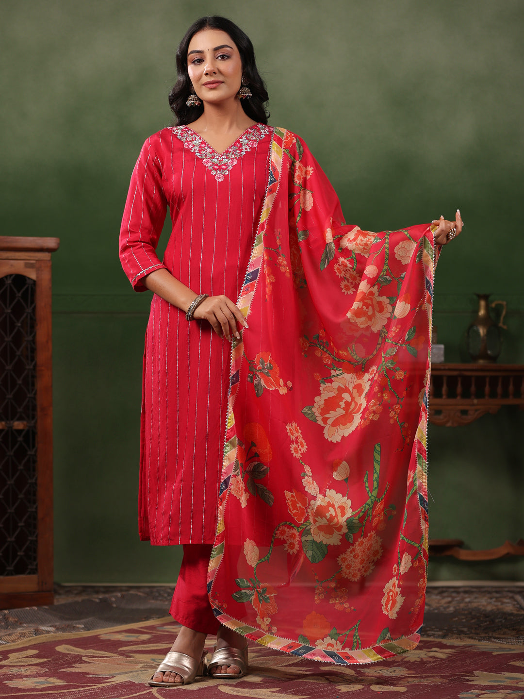 Woven Lurex Striped Resham Embroidered Kurta with Pants & Dupatta - Red